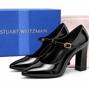 Stuart Weitzman Vida 100 Black Patent Mary Jane Heels 7.5B Block Heel